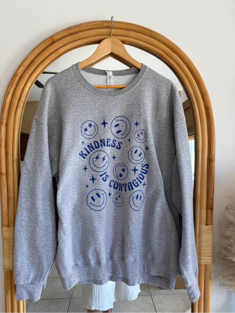 Jerzees Grey Crewneck Sweatshirt with Blue 'Kindness Is Contagious' Graphic